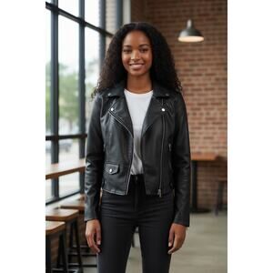 Women’s Vegan Faux Leather Biker Moto Jacket Black Small